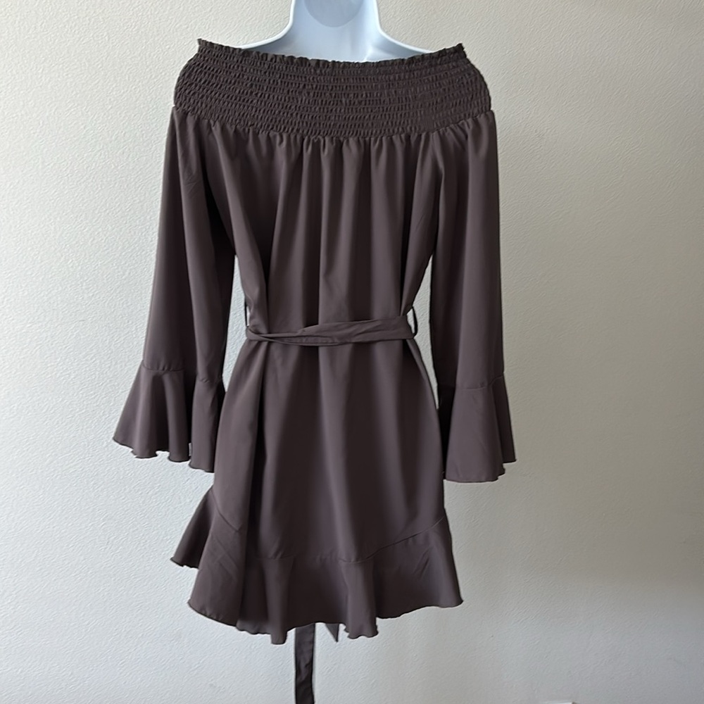 CBR Dress L Brown Off Shoulder Ruffle Bell Sleeve Romantic Dark Fairy Whimsigoth - Picture 3 of 15